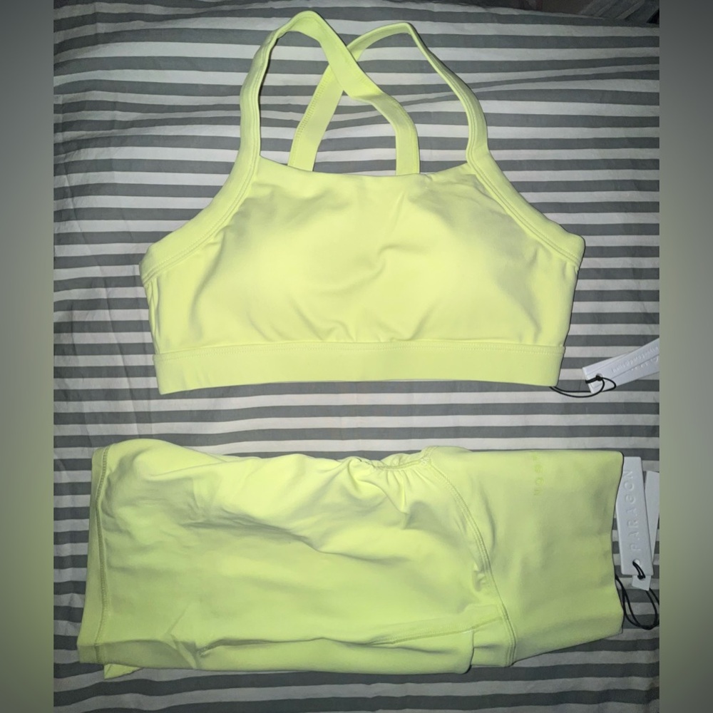 Paragon RecStretch Defy Bra + Empower SculptSeam Pocket Shorts Lemon Lime Sz M
